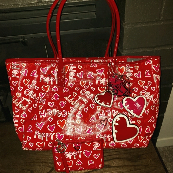 COACH Poppy Coated Canvas Graffiti Tote & Matching Coin/Card Purse Set - Picture 3 of 17